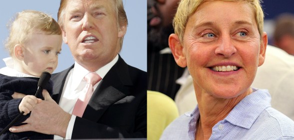 Then mere business tycoon and not US president Donald Trump (C) with son Baron, and Ellen DeGeneres. (Jean Baptiste Lacroix/WireImag via Getty/Richard Rodriguez/Getty Images)