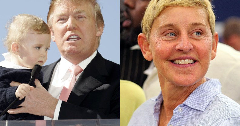 Then mere business tycoon and not US president Donald Trump (C) with son Baron, and Ellen DeGeneres. (Jean Baptiste Lacroix/WireImag via Getty/Richard Rodriguez/Getty Images)