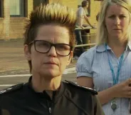 Police chief Rachel Swann (L) addresses reporters about the evacuation of Whaley Bridge in August. (Screen capture via BBC)