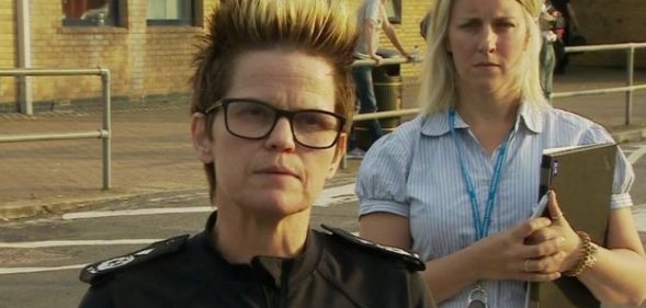 Police chief Rachel Swann (L) addresses reporters about the evacuation of Whaley Bridge in August. (Screen capture via BBC)