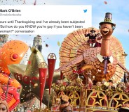 A giant Turkey float in the Thanksgiving parade