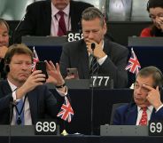 Members of Brexit Party, Rupert Lowe (776), Nathan Gill (777), Richard Tice (689) and Nigel Farage attend a debate on Brexit at the European Parliament. (FREDERICK FLORIN/AFP via Getty Images)