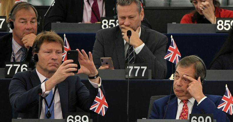 Members of Brexit Party, Rupert Lowe (776), Nathan Gill (777), Richard Tice (689) and Nigel Farage attend a debate on Brexit at the European Parliament. (FREDERICK FLORIN/AFP via Getty Images)