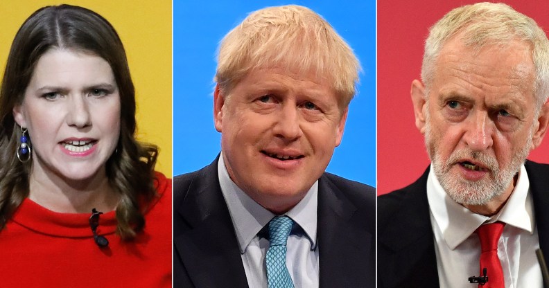 Conservative Party leader Boris Johnson (C), Labour Party leader Jeremy Corbyn (R) and Liberal Democrats leader Jo Swinson