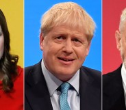 Conservative Party leader Boris Johnson (C), Labour Party leader Jeremy Corbyn (R) and Liberal Democrats leader Jo Swinson