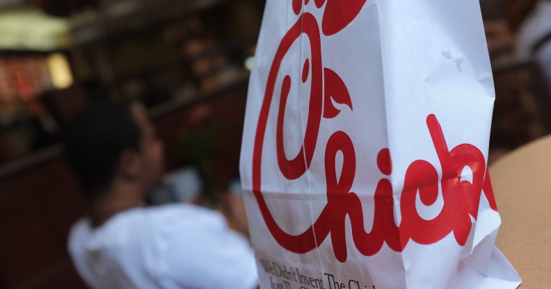 A Chick-fil-A logo is seen on a take out bag at one of its restaurants on July 28, 2012 in Bethesda, Maryland.