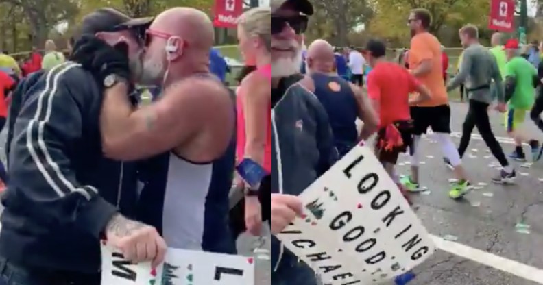 A video of a man passionately kissing someone during the New York City marathon has gone viral. (Screen captures via Twitter)
