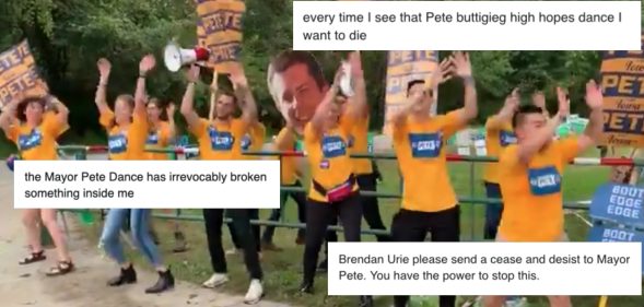 Pete Buttigieg sporting grooving to the beat to Panic! at the Disco. (Screen capture via Twitter)