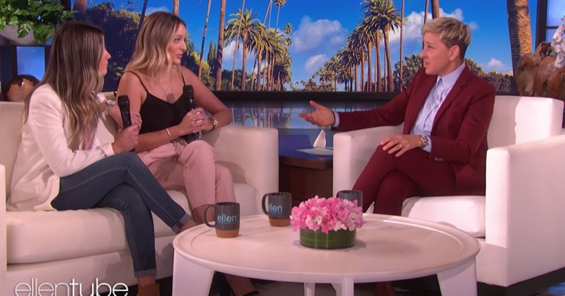 Ellen DeGeneres speaking to a newly-engaged lesbian couple