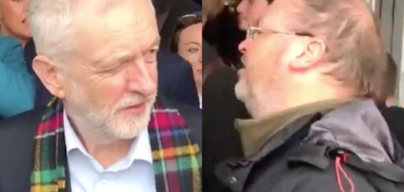 Jeremy Corbyn (L) was heckled by a Church of Scotland minister who has frequently referred to being gay as a "perversion". (Screen captures via Twitter)