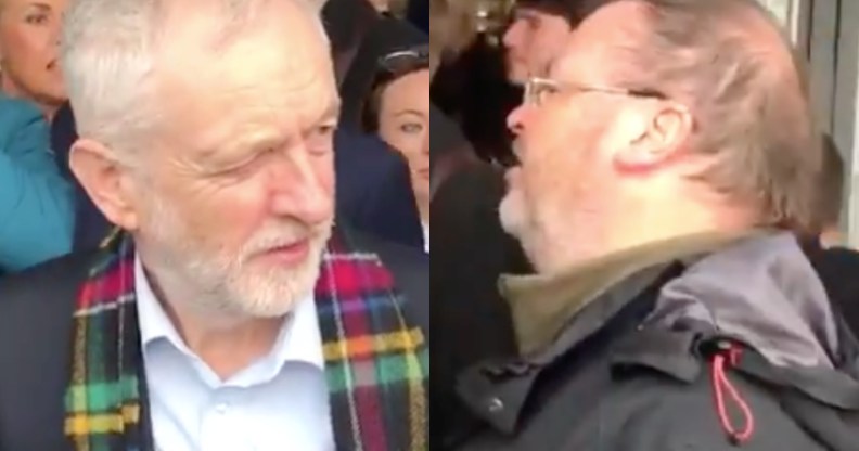 Jeremy Corbyn (L) was heckled by a Church of Scotland minister who has frequently referred to being gay as a "perversion". (Screen captures via Twitter)