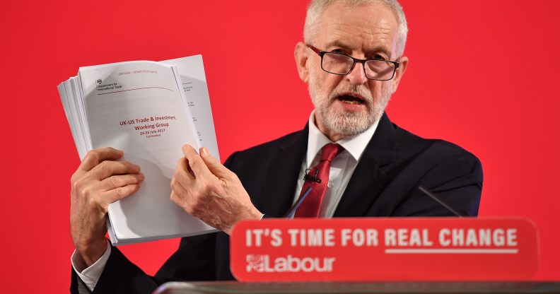Jeremy Corbyn holding a dossier of UK-US talks
