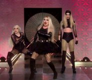 Drag Race UK queens Blu Hydrangea, Divina De Campo and Baga Chipz dressed as the Frock Destroyers