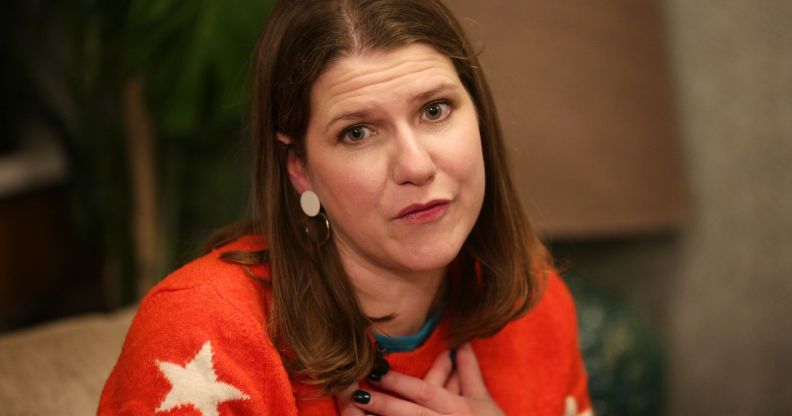 Liberal Democrats leader Jo Swinson gestures during a general election campaign visit to Manor Grange Care Home in Edinburgh, Scotland on December 5, 2019.