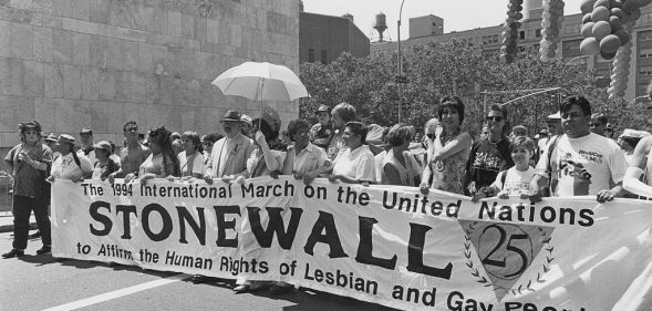 A march to commemorate the 25th anniversary of the Stonewall Riots, New York City, USA, 26th June 1994.