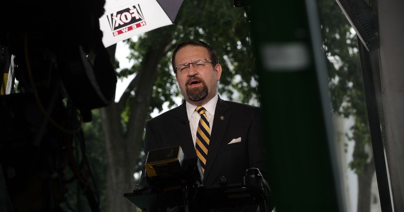 Star Wars President Sebastian Gorka speaks as he is interviewed by Fox News remotely from the White House June 22, 2017 in Washington, DC.