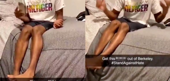 In a viral video, someone who is allegedly a University of California, Berkeley, student used vicious racial and homophobic slurs. (Screen captures via Twitter)