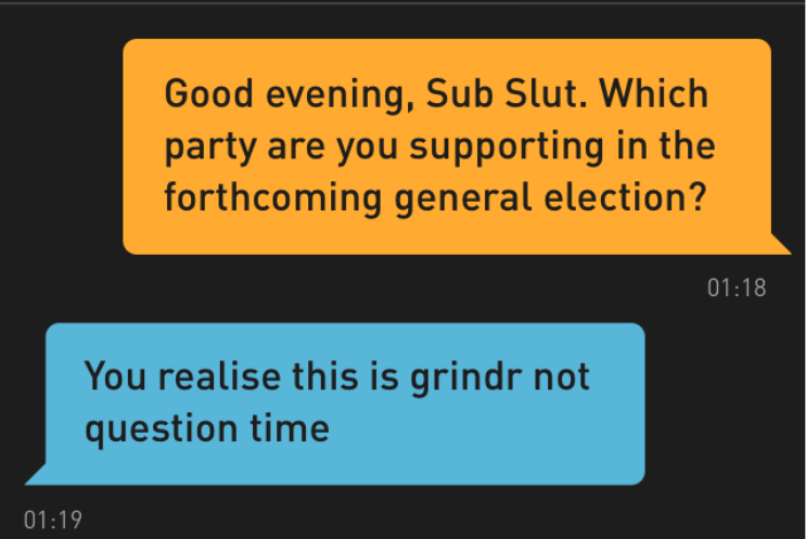 Someone practically did the lord's work by surveying London-based Grindr users their voting intention, and they're exactly what you would expect. (Tom Court)