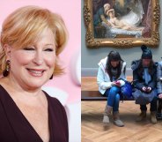 Bette Midler / three girls on a bench in front of a painting, looking at their phones