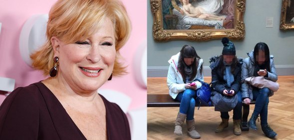 Bette Midler / three girls on a bench in front of a painting, looking at their phones