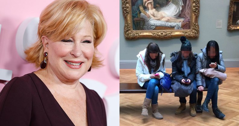 Bette Midler / three girls on a bench in front of a painting, looking at their phones