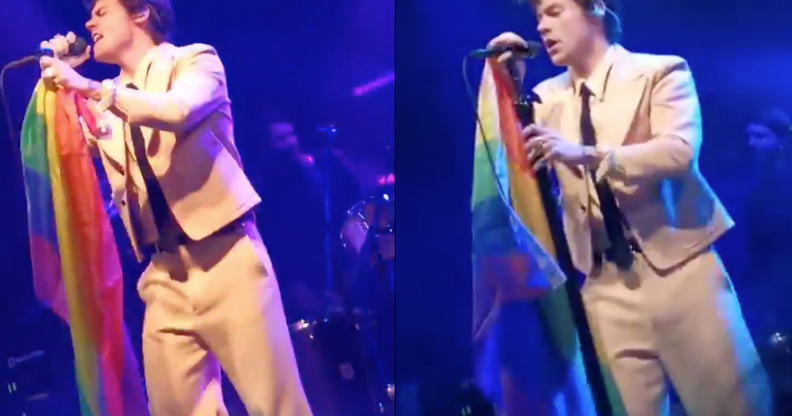 Our lord and saviour Harry Styles holding an LGBT+ Pride flag. We need this injected into our veins right now. (Screen captures via Twitter)