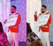 CJ Ewens proposed to his partner Christopher Nicoll in the style of the film Love Actually. Cry reacts only. (Screen captures via Facebook)