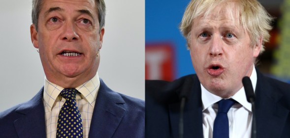 Nigel Farage (L) has sought to defend prime minister Boris Johnson amid continued calls for him to apologise for derisory language used in his journalism. (PAUL ELLIS/AFP via Getty Images/Hannah McKay - WPA Pool/Getty Images