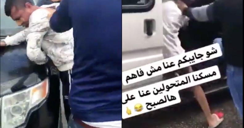 Disturbing footage has shown there shocking moment a gang of men attacked a gay man and a trans woman in Palestine. (Screen captures via Twitter)