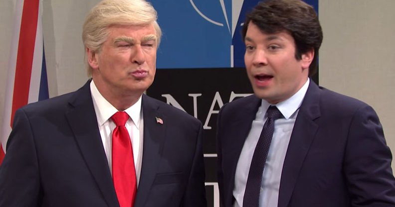 Alec Baldwin as Donald Trump, Jimmy Kimmel as Emmanuel Macron on SNL
