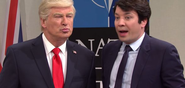 Alec Baldwin as Donald Trump, Jimmy Kimmel as Emmanuel Macron on SNL
