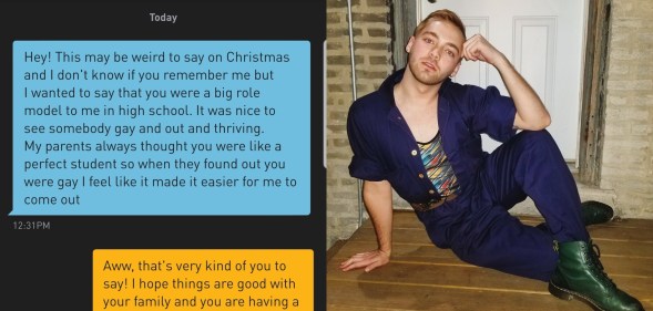 Mathiu (R) received a touching message from someone from his former high school, but remember the scenery here, it's Grindr. (Twitter)