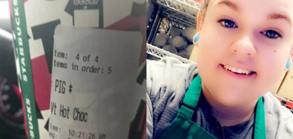 A Starbucks cup with a 'pig' label