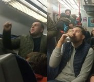 Shocking video footage shows a group of louts shouting a vile, misogynistic chant and using homophobic and transphobic language on a packed London train