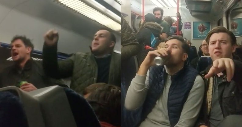 Shocking video footage shows a group of louts shouting a vile, misogynistic chant and using homophobic and transphobic language on a packed London train