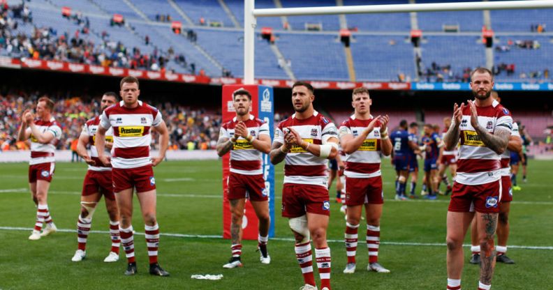 Wigan Warriors players acknowledge their fans at the end of the Betfred Super League between Cataland Dragons and Wigan Warriors match at Camp Nou on May 18, 2019