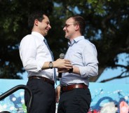 Democratic presidential candidate and South Bend, Indiana Mayor Pete Buttigieg (L) is introduced by his husband, Chasten Glezman Buttigie. (Joe Raedle/Getty Images)