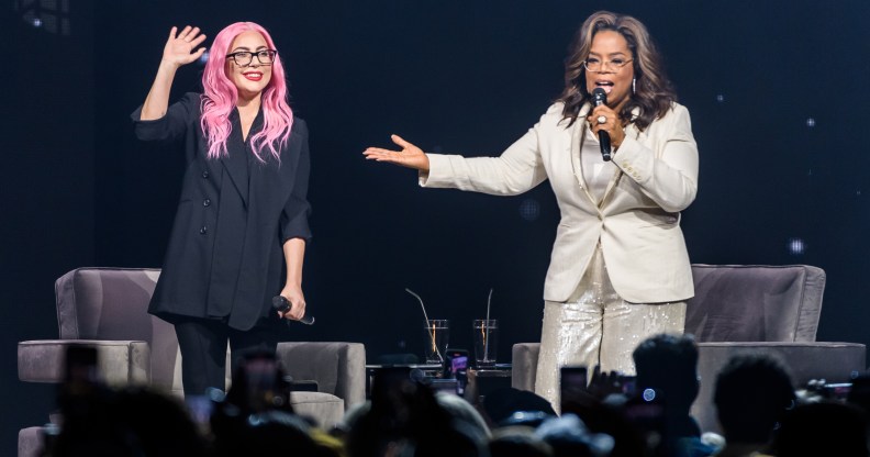 Lady Gaga and Oprah Winfrey speak during the WW (Weight Watchers Reimagined) Oprah's 2020 Vision: Your Life In Focus Tour. (Jason Koerner/Getty Images for Oprah)