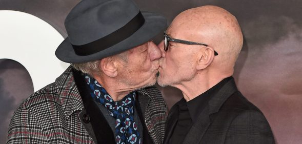 Ian McKellen and Patrick Stewart kiss on the red carpet and we are so full of emotion right now. (Eamonn M. McCormack/Getty Images)