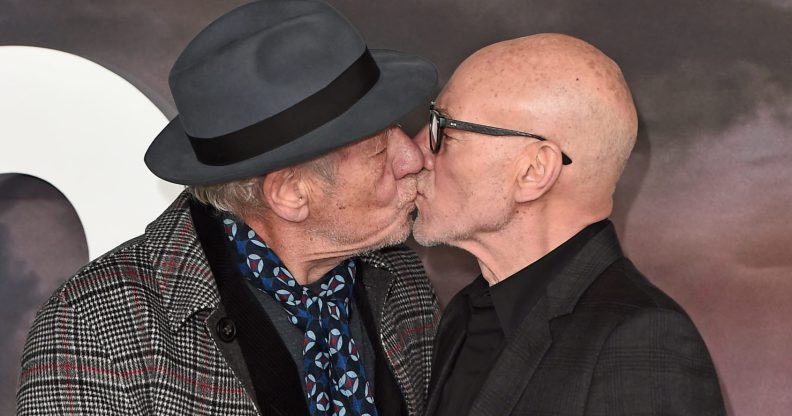 Ian McKellen and Patrick Stewart kiss on the red carpet and we are so full of emotion right now. (Eamonn M. McCormack/Getty Images)