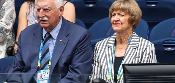 Margaret Court and husband Barrymore Court watch the Women's Singles on day one of the 2020 Australian Open at Melbourne Park