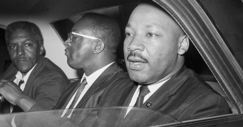Dr. Martin Luther King, Jr. (r), Bayard Rustin (left), and Rev. Bernard Lee, (c) after a 1964 meeting with New York Mayor Wagner to discuss civil rights