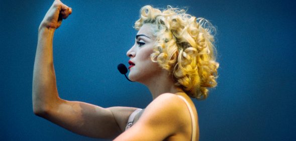 Madonna donned in her Jean Paul Gaultier conical bra corset. (Gie Knaeps/Getty Images)