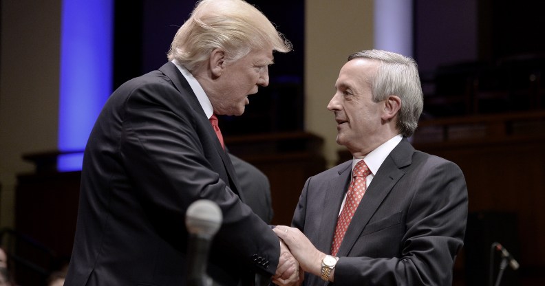 US president Donald Trump is greeting by pastor Robert Jeffress