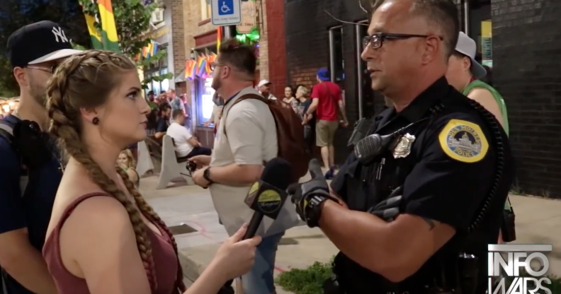 Katilin Bennett's discussion with a police officer at an Iowa, US, Pride has gone viral. (Screen capture via YouTube)