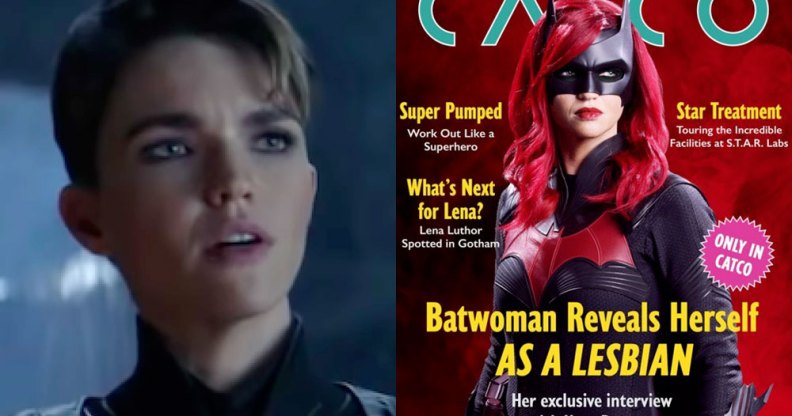 Batwoman on the cover of Catco magazine with the headline 'Batwoman reveals herself as a lesbian'