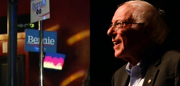 Bernie Sanders supporters staged a rally at a gay bar, decorating a dancer's poll with signs. (STEPHEN MATUREN/AFP via Getty Images/Screen capture via ABC News_