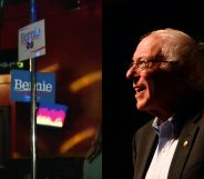Bernie Sanders supporters staged a rally at a gay bar, decorating a dancer's poll with signs. (STEPHEN MATUREN/AFP via Getty Images/Screen capture via ABC News_