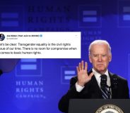 Joe Biden delivered a sly broadside against Bernie Sanders after accepting support from an anti-trans comedian. (Alex Wong/Getty)