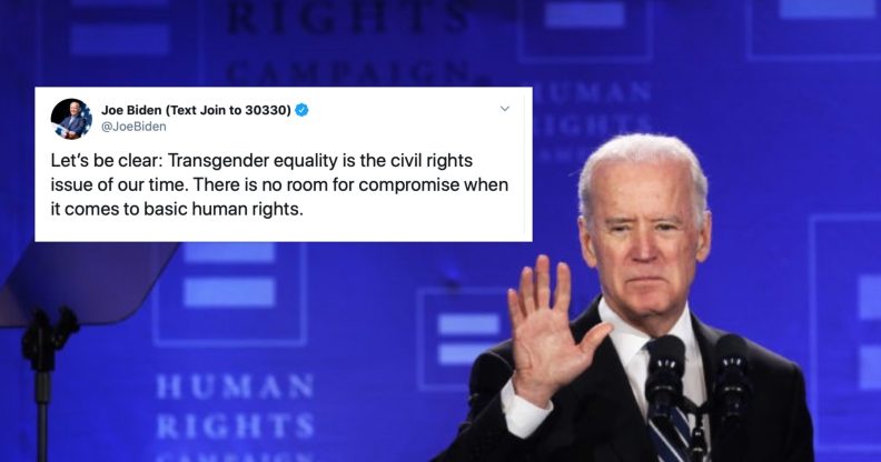 Joe Biden delivered a sly broadside against Bernie Sanders after accepting support from an anti-trans comedian. (Alex Wong/Getty)